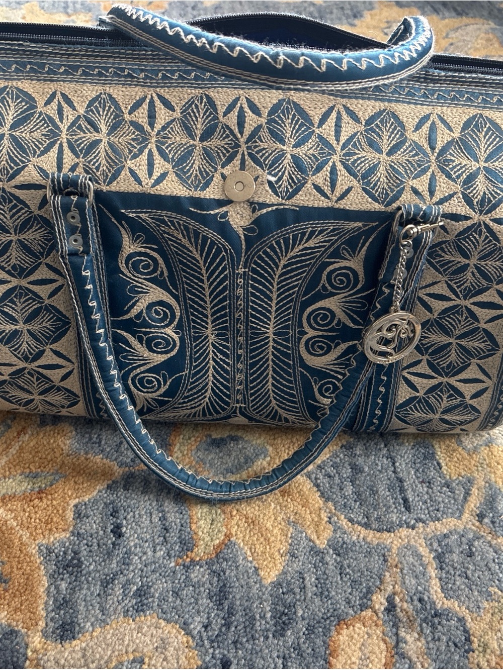 Banda Bags Hand-Embroidered Blue Tote Bag with Silver Charm Unused